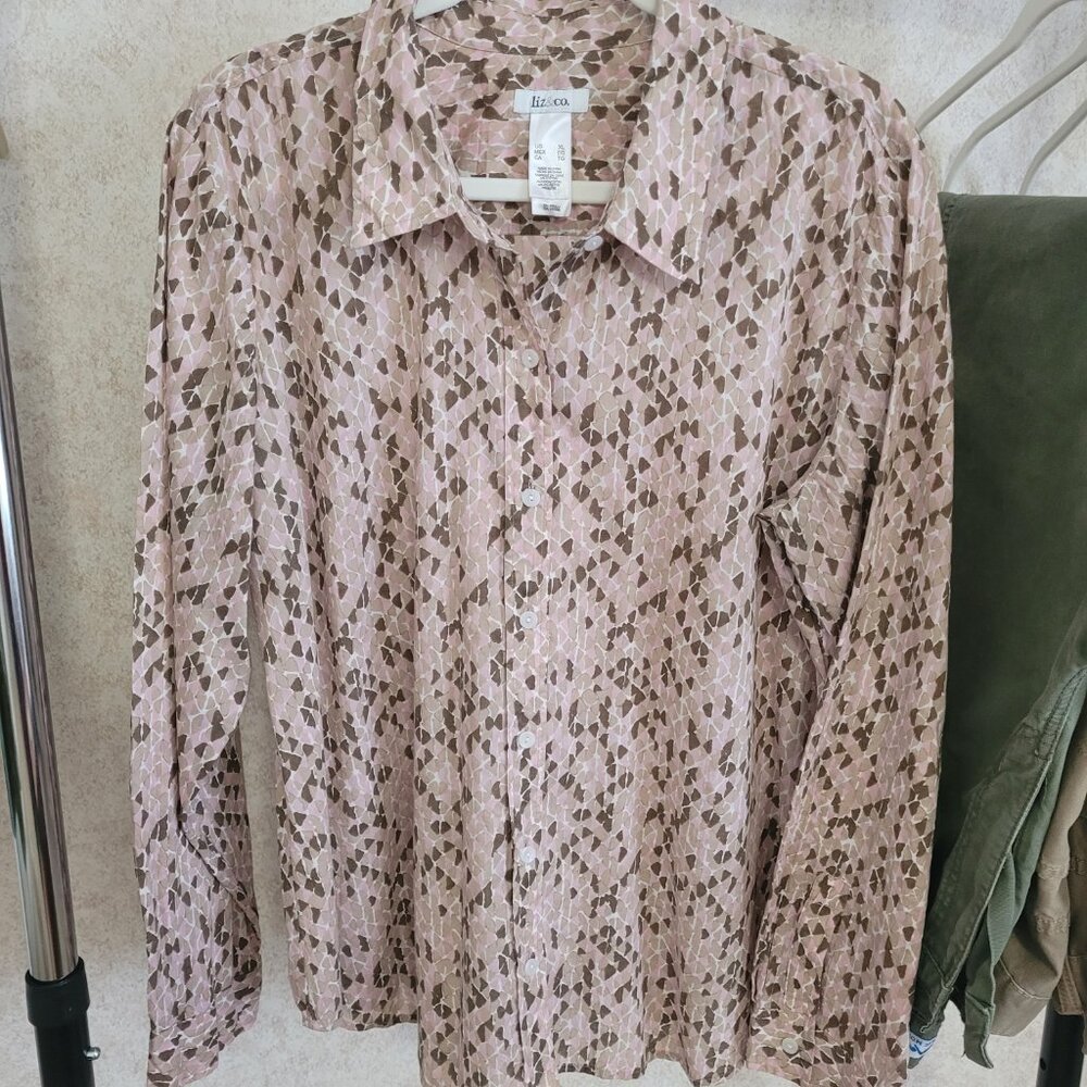Pink Tan Brown Liz & Co. Lighweigth Womens Long Sleeve Button Blouse XL